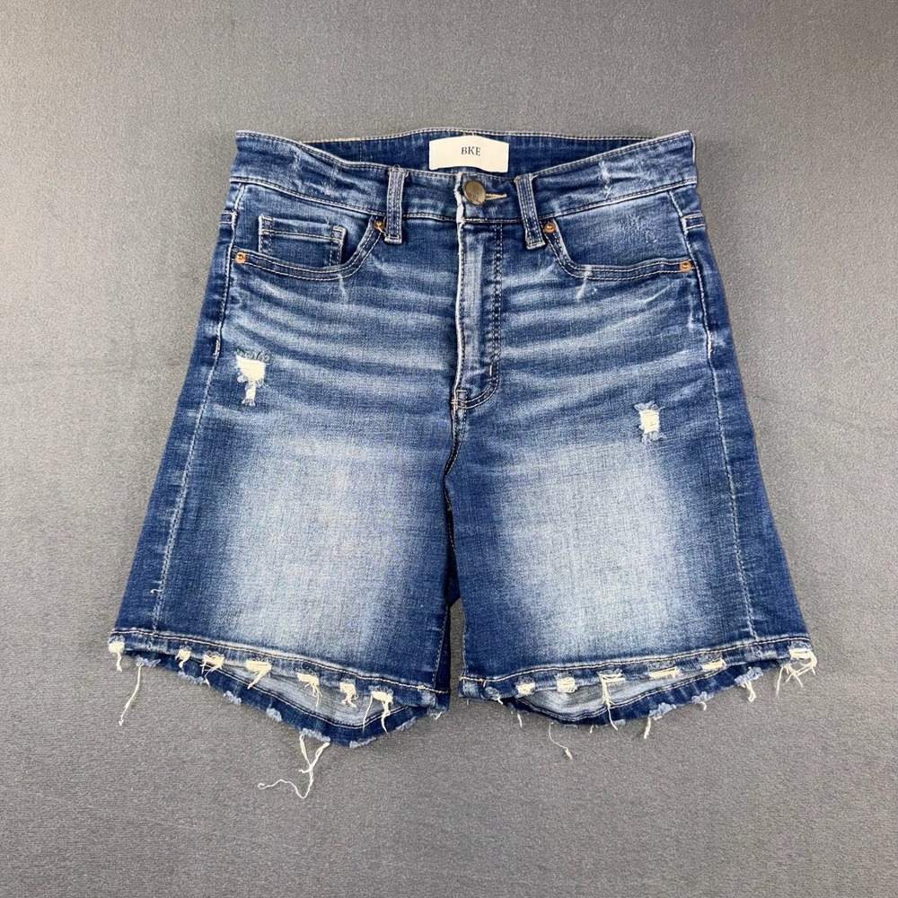 BKE Parker High Rise Distressed Denim Shorts Medium Wash Raw Hem Size 24 ABK396